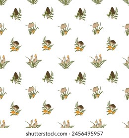 Autumn mushrooms seamless pattern. Vector illustration with fern leaves and muchroom composition. Cottagecore aesthetics. Template for textile, wallpaper, paper, print. White background. 