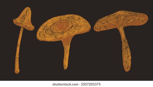 Autumn mushrooms set. Fall orange chalk drawing forest mushroom collection. Pencil texture freehand childish elements. Crayon textured kids isolated vector illustration 