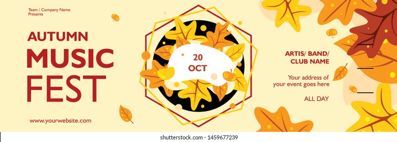 
Autumn music banner template. For festival, event, concert. Colorful poster, flyer, leaflet layout design with autumn theme geometric shape on gradient background. For publication