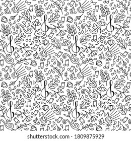 Autumn music. Doodle Seamless background . Backdrop of a music concert or festival. Oak leaves, berries, twigs, treble clef, musical signs.