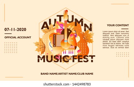 Autumn music fest banner with falling leaves shape. For promotion, publication your event. Web banner template and layout