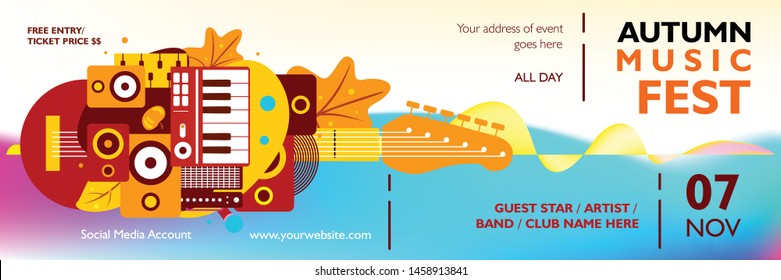 
Autumn music festival banner template. Colorful poster, flyer leaflet layout design with autumn theme geometric shape on gradient background. Vector illustration for publication