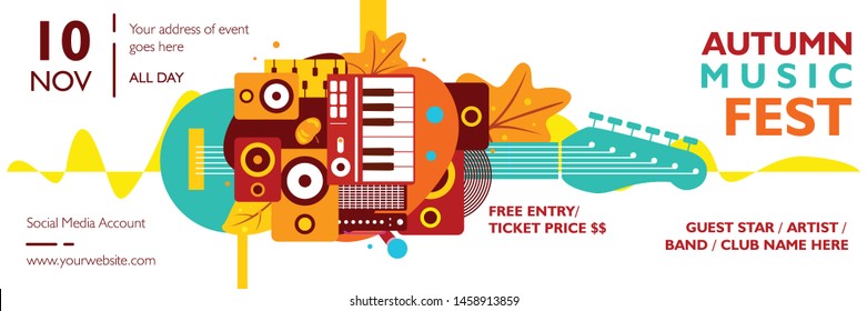 
Autumn music festival banner template. Colorful poster, flyer leaflet layout design with autumn theme geometric shape on gradient background. Vector illustration for publication