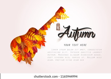 Autumn Music Festival, Paper Art Of Guitar And Leaves, Vector Art And Illustration.