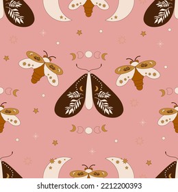 Autumn mysterious seamless pattern in 70s style. Boho magical flowers and butterfly. Perfect for wall wallpaper, gift paper, pattern fills, web page background, greeting cards.