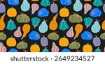 Autumn mystical pumpkins vector seamless pattern in groovy retro style. Fall season harvest illustration in funky hippie style for Thanksgiving, Halloween, wrapping paper, prints, textile