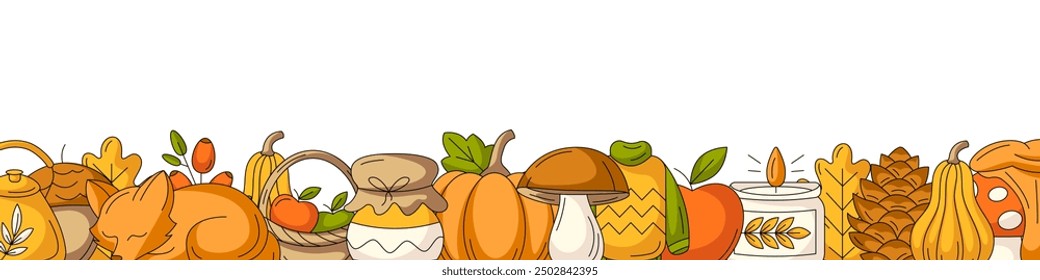 Autumn narrow horizontal banner, space for text. Colorful bottom frame with fall seasonal cozy elements of warm clothes, mushroom, pumpkin, harvest, candle. For poster, flyer, card, page header