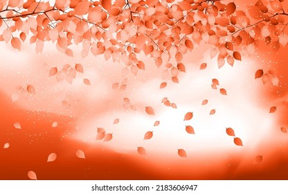 Autumn natural background, design, banner or template. Yellow and red maple leaves are flying and falling down. Autumnal landscape.