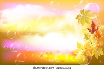 Autumn natural background, design, banner or template. Yellow and red maple leaves are flying and falling down. Autumnal landscape.