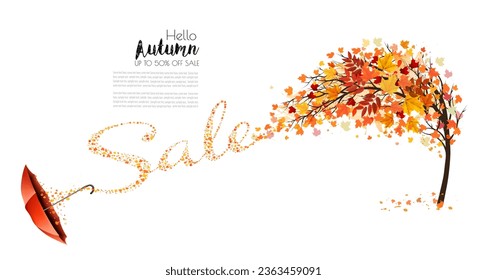 Autumn natural background with tree and falling colourful leaves gathered in the shape of the word sale. Autumn sale. Vector.