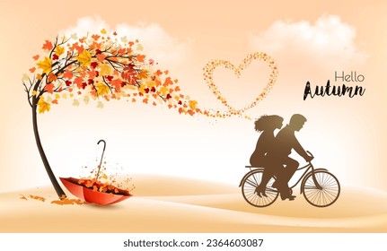 Autumn natural background with tree and flying colorful leaves gathered in the shape of a heart and silhouette. Vector.