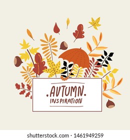 Autumn natural collection. Fall greeting card of red and yellow leaves, acorns, chestnuts, twigs. Set of scrapbook objects for fall party, Thanksgiving day. Hand drawn natural illustration