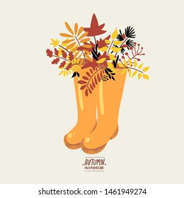 Autumn natural collection. Fall greeting card with yellow rubber boots, red leaves, acorns, chestnuts, twigs. Set scrapbook objects for fall party, Thanksgiving day. Hand drawn natural illustration