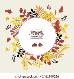 Autumn natural round frame. Fall set of red and yellow leaves, acorns, chestnuts, twigs. Set of scrapbook objects for fall party or Thanksgiving day. Hand drawn natural illustration, design invitation svg