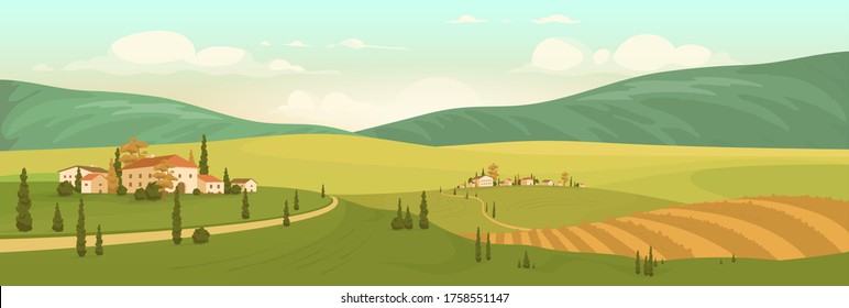 Autumn natural scenery flat color vector illustration. Small Italian villages 2D cartoon landscape with green hills and yellow field. European countryside in fall. Country houses