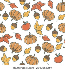 Autumn natural seamless pattern. Background with maple leaves, acorns, apples and pumpkins. Seasonal fall print for textiles, wallpaper, fabric and decor, vector illustration