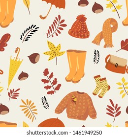 Autumn natural seamless pattern. Fall background with umbrella, rubber boots, knitted hat, warm scarf. Texture for fall party or Thanksgiving day. Hand drawn natural illustration