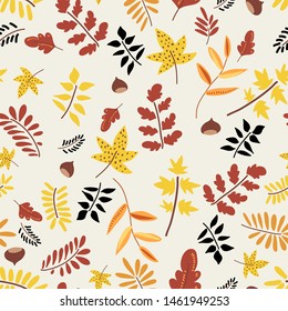 Autumn natural seamless pattern. Fall background of red and yellow leaves, acorns, chestnuts, twigs. Texture for fall party or Thanksgiving day. Hand drawn natural illustration, design invitation svg