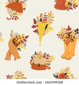 Autumn natural seamless pattern. Fall background with umbrella, rubber boots, knitted hat, warm scarf. Texture for fall party or Thanksgiving day. Hand drawn natural illustration