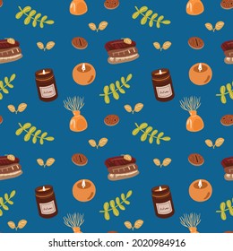 Autumn natural seamless pattern. Fall background of red and yellow leaves, cakes, candles, sweaters, vases. Texture for fall party or Thanksgiving day. Hand drawn natural illustration, design invitati