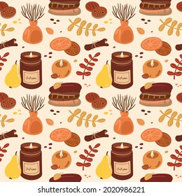 Autumn natural seamless pattern. Fall background of red and yellow leaves, cakes, candles, sweaters, vases. Texture for fall party or Thanksgiving day. Hand drawn natural illustration, design invitati