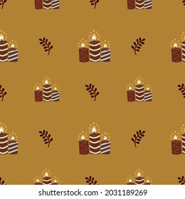 Autumn natural seamless pattern. Fall background of candles and autumn leaves. Texture for fall party or Thanksgiving day. Hand drawn natural illustration, design invitati