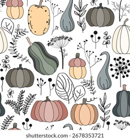 Autumn natural seamless pattern with linear leaves and herbs silhouettes, and cute pumpkins. Fall and Thanksgiving background. Vector illustration.