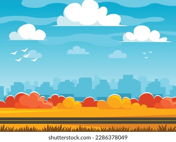Autumn nature background with cityscape. Autumn city park on the background of the business district. Vector graphics