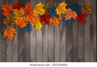 Autumn nature background with colorful leaves on vintage wooden sign. Vector illustration.