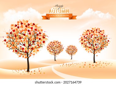 Autumn nature background with colorful trees and landscape. Vector.