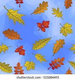 Autumn Nature Background with Leaves of Plants over the Blue Sky, Polygonal Low Poly Design. Vector.