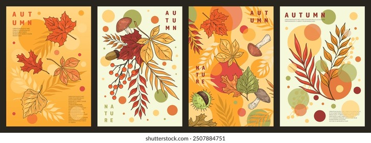 Autumn nature colorful set flyers with herbariums of red and yellow leaves and mushrooms or chestnuts vector illustration