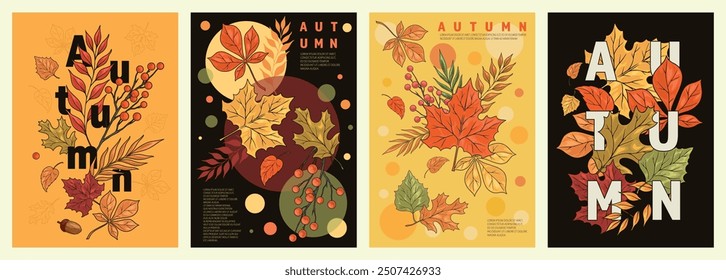 Autumn nature colorful set stickers with colorful petals and berries or twigs for ecology book design vector illustration