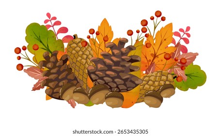 Composição da natureza de outono com pineconas, bolotas, bagas laranja-vermelhas e folhas multicoloridas em tons quentes - ideal para projetos sazonais, impressões da natureza e projetos de sublimação best-seller.
