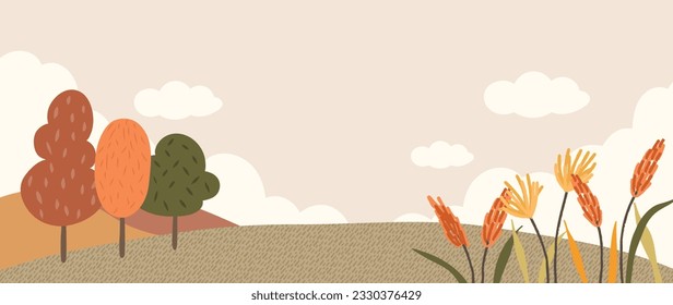 Naturaleza otoñal y paisaje de campo de fondo. Ilustración estacional vectorial de árboles, flores, campo, montaña, parque, nube, hierba. Diseño para banner, afiche, tapiz, decoración, tarjeta.