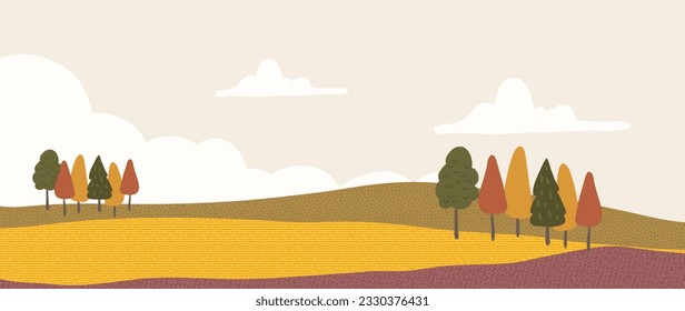 Naturaleza otoñal y paisaje de campo de fondo. Ilustración estacional vectorial de árboles, flores, campo, montaña, parque, nube, hierba. Diseño para banner, afiche, tapiz, decoración, tarjeta.