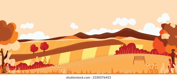 Autumn nature and country landscape background. Seasonal illustration vector of trees, flowers, field, mountain, cloud, grass, bench, sunset. Design for banner, poster, wallpaper, decoration, card.