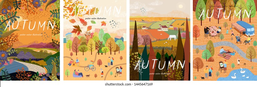 Autumn nature. Cute vector illustration of landscape natural background, village, people on vacation in the park at a picnic, forest and trees. Drawings from the hand 
