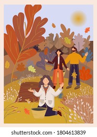 Autumn nature. Cute vector illustration of landscape natural background, autumn forest, family on vacation in the forest gathering mushrooms. Happy family. Healthy lifestyle. Family weekend.