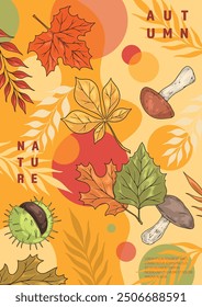 Autumn nature detailed poster colorful with tree petals and mushrooms for magazine design or advertising banner vector illustration