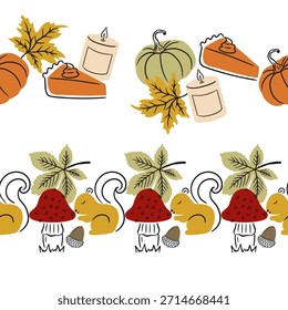 Autumn Nature Elements and Food Vector Seamless Horizontal Borders Set