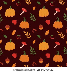 Autumn Nature Elements Seamless Pattern on Dark Background. Hand Drawn Fall Pumpkin, Leaf, Mushroom, Berries, Acorn. Perfect for Seasonal Textiles, Wrapping Paper, Invitations, and Thanksgiving Decor