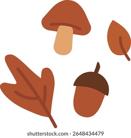 Autumn Nature Elements Set (Mushroom, Acorn, Fallen Leaves)