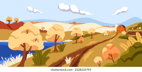 Autumn nature, fall landscape panorama. Rural countryside scenery with path way, agriculture field, yellow trees, lake water, hills. Country panoramic view with footpath. Flat vector illustration