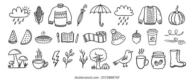 Autumn or nature fall season with falling leaves, umbrella doodle hand drawn icon elements set. Outline drawing autumn or fall line clipart symbol collection. Vector illustration