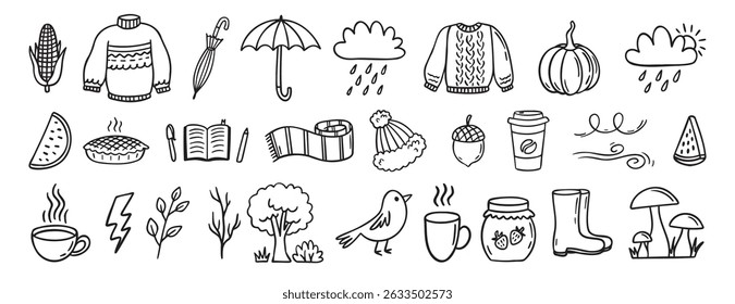 Autumn or nature fall season with falling leaves, umbrella doodle hand drawn icon elements set. Outline drawing autumn or fall line clipart symbol collection. Vector illustration