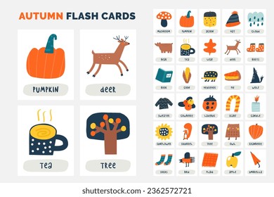 Autumn nature flash cards set. Learning English words for kids. Cute hand drawn doodle educational cards with animals, plant, objects, autumn items, food, nature elements. Preschool learning material