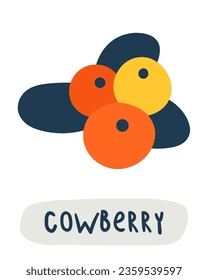 Autumn nature flashcard. Learning English words for kids. Cute hand drawn doodle educational card with cowberry. Preschool learning material