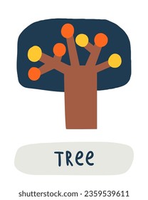 Autumn nature flashcard. Learning English words for kids. Cute hand drawn doodle educational card with tree. Preschool learning material