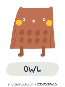 Autumn nature flashcard. Learning English words for kids. Cute hand drawn doodle educational card with owl. Preschool learning material